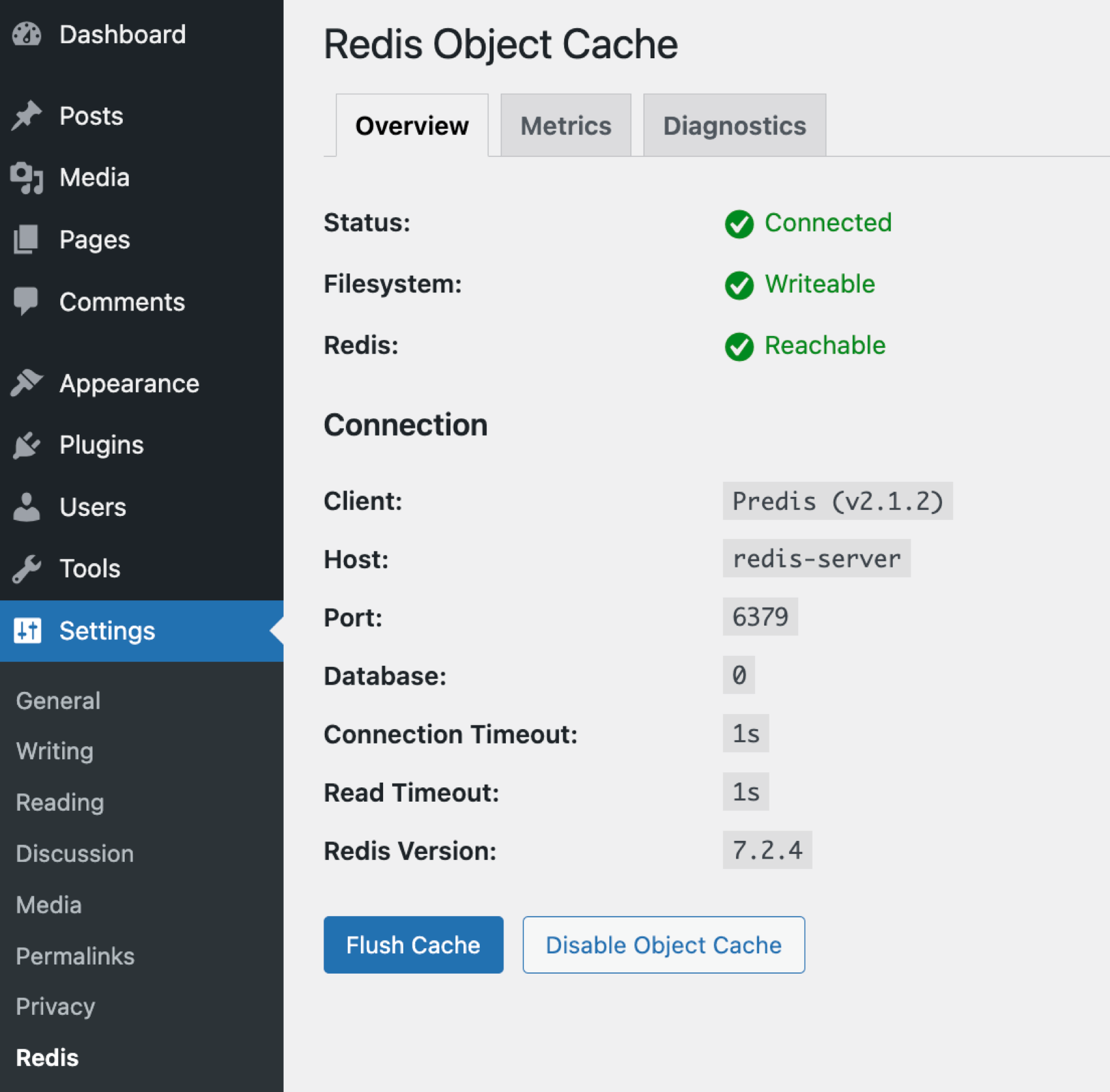 Redis Object Cache Plugin Settings in WorePress Dashboard